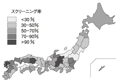日本産婦人科医会調査による県別スクリーニング率(2005)