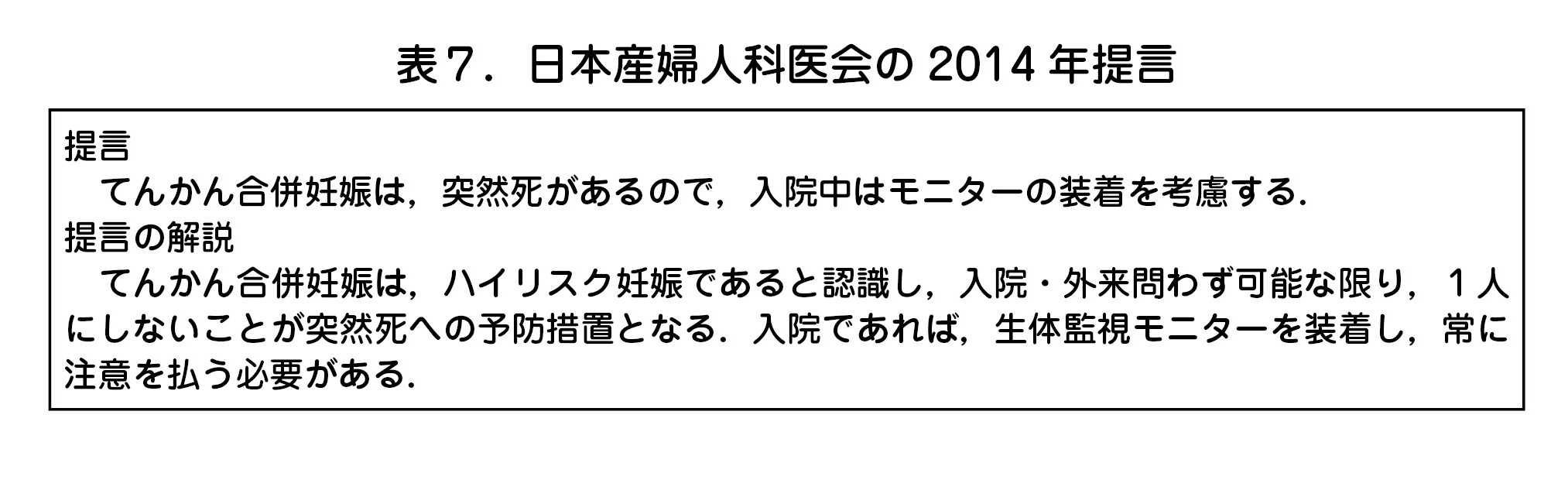 表７．日本産婦人科医会の2014年提言