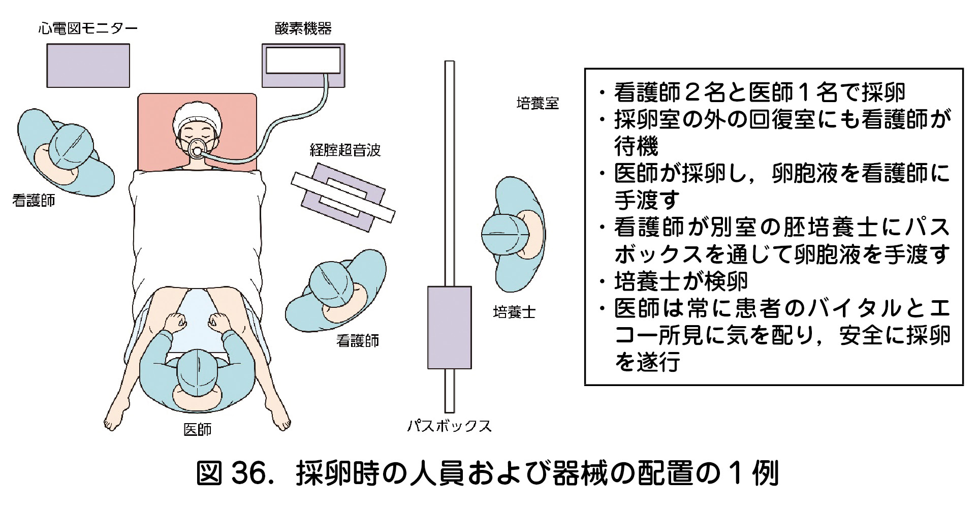 図36．採卵時の人員および器械の配置の１例