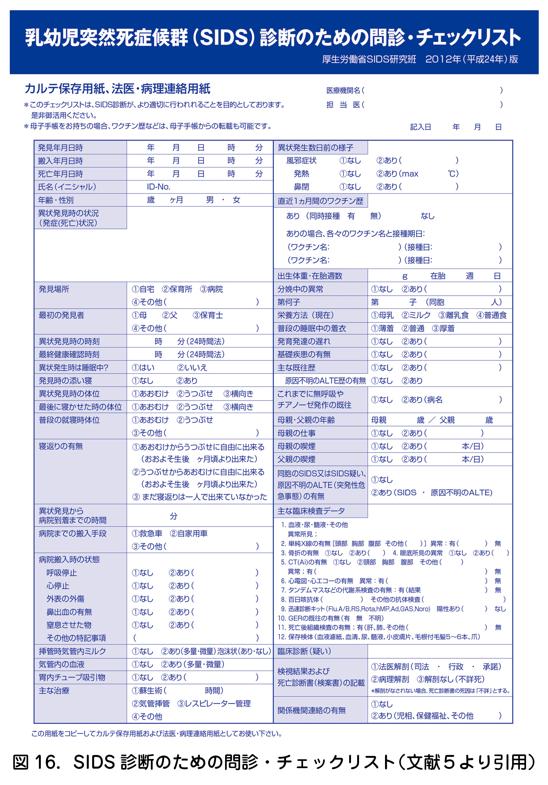 図 16．SIDS 診断のための問診・チェックリスト（文献５より引用）