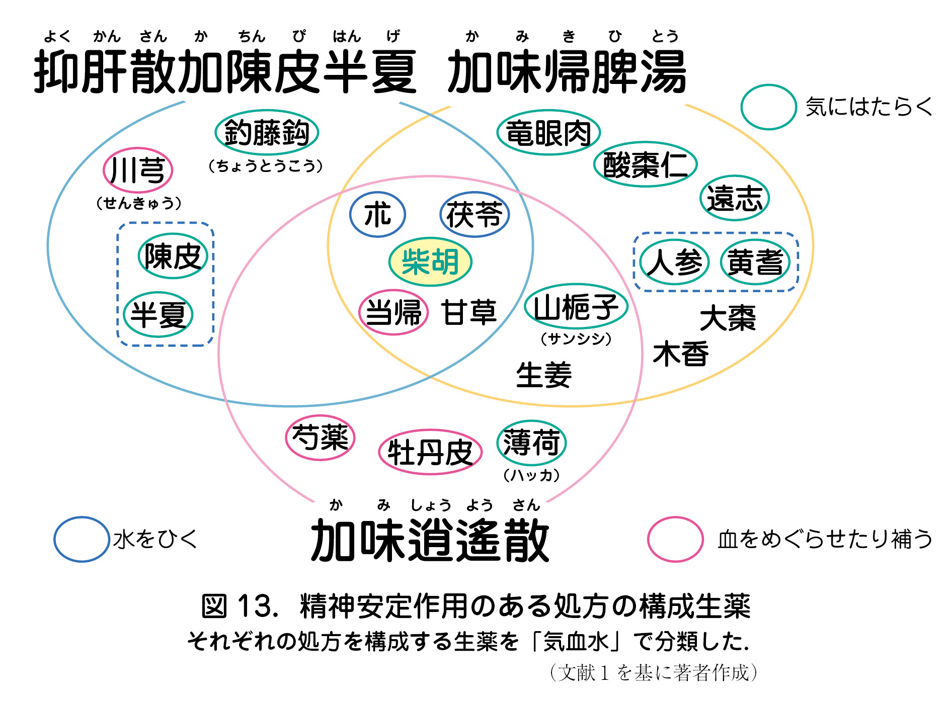 図 13．精神安定作用のある処方の構成生薬それぞれの処方を構成する生薬を「気血水」で分類した．（文献１を基に著者作成） 抑肝散加陳皮半夏加味帰脾湯 加味逍遙散