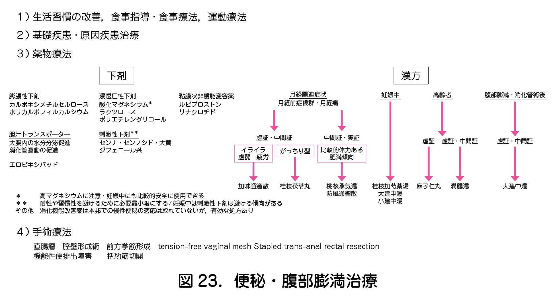 １）生活習慣の改善，食事指導・食事療法，運動療法  ２）基礎疾患・原因疾患治療  ３）薬物療法  ４）手術療法  図 23．便秘・腹部膨満治療