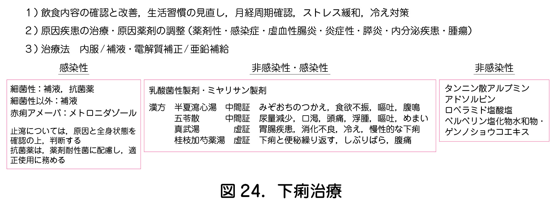 １）飲食内容の確認と改善，生活習慣の見直し，月経周期確認，ストレス緩和，冷え対策  ２）原因疾患の治療・原因薬剤の調整（薬剤性・感染症・虚血性腸炎・炎症性・膵炎・内分泌疾患・腫瘍）  ３）治療法　内服/補液・電解質補正/亜鉛補給  図 24．下痢治療